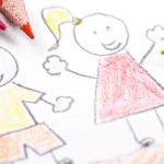 Hand drawing of two children playing.